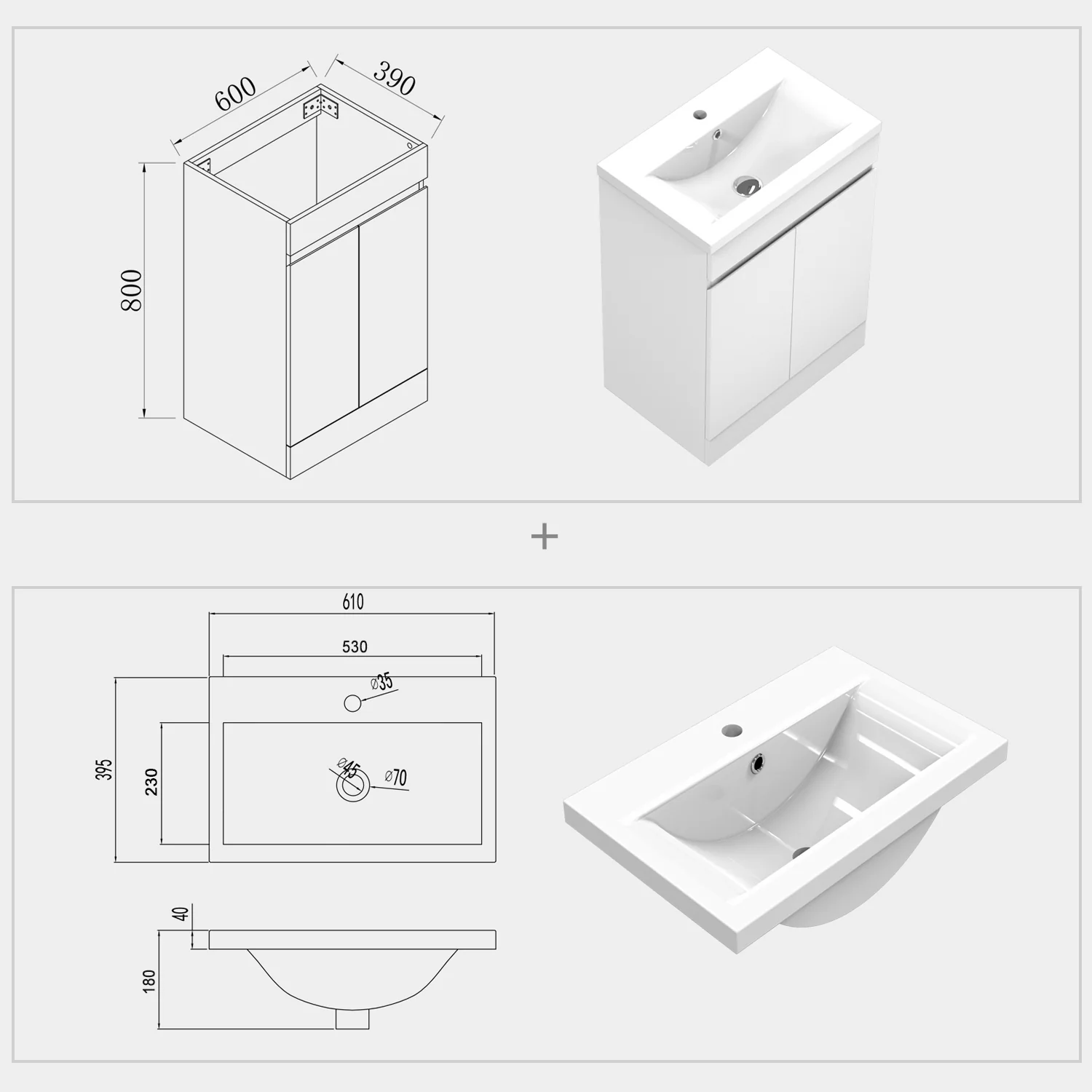 500mm 600mm Bathroom Vanity Unit with Basin, Freestanding Cabinet Sink, MDF Board, White or Grey - Image 7