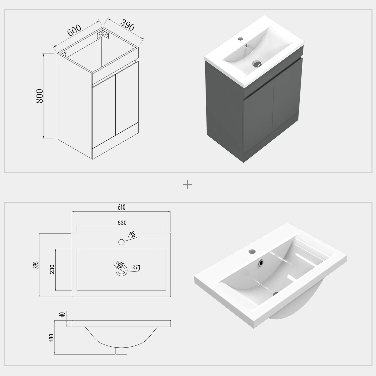 500mm 600mm Bathroom Vanity Unit with Basin, Freestanding Cabinet Sink, MDF Board, White or Grey - Image 9