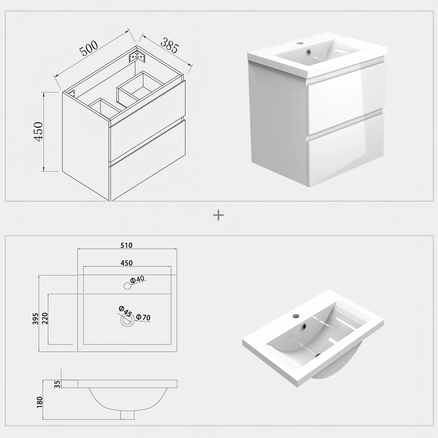 500/600mm Bathroom Vanity Unit with Basin Gloss White Cloakroom Sink Unit Two Drawers Wall Mounted - Image 4