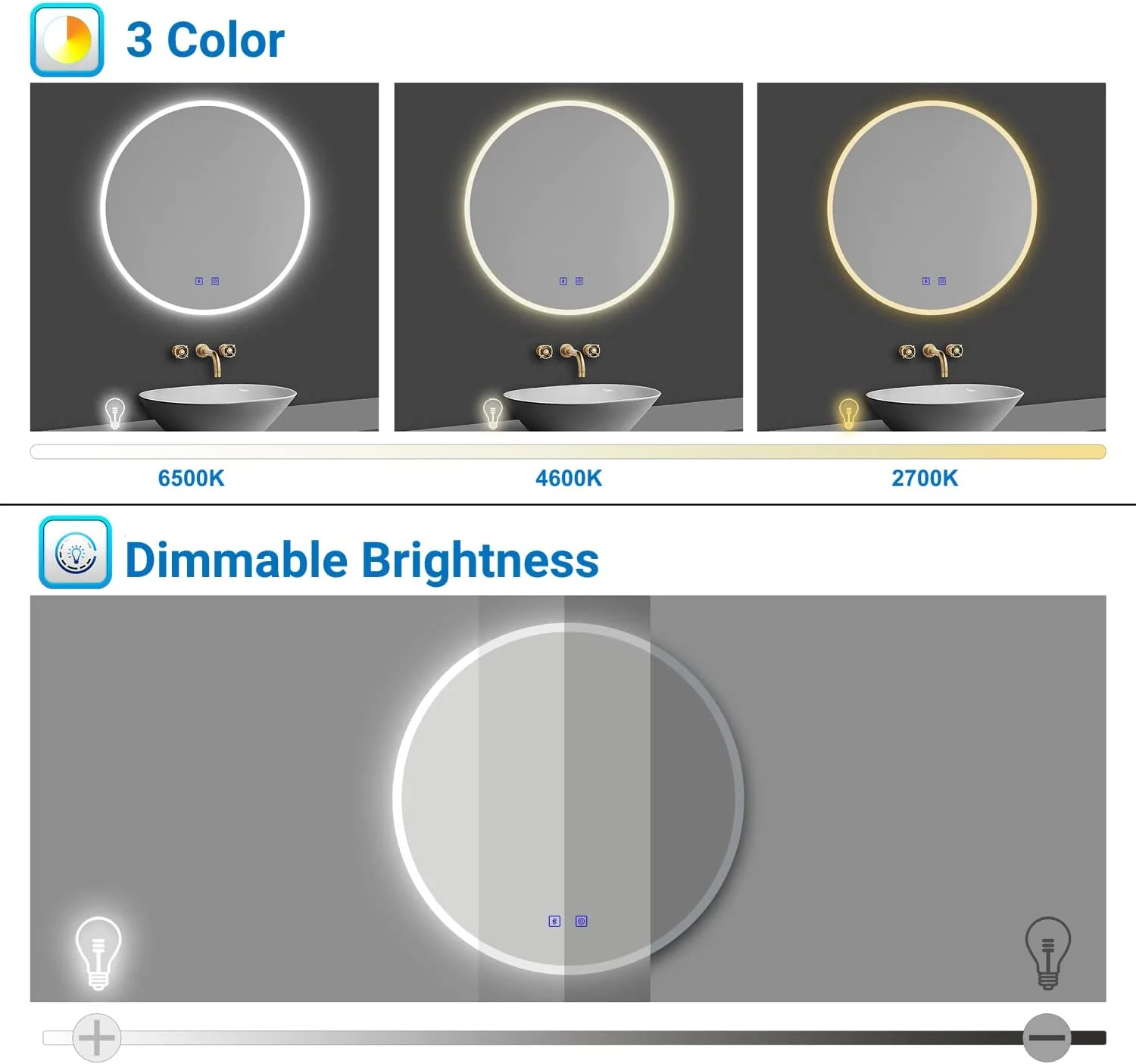 80cm Round Bathroom LED Mirror, Bluetooth, 3 LED Colors, Demister Pad - Image 4