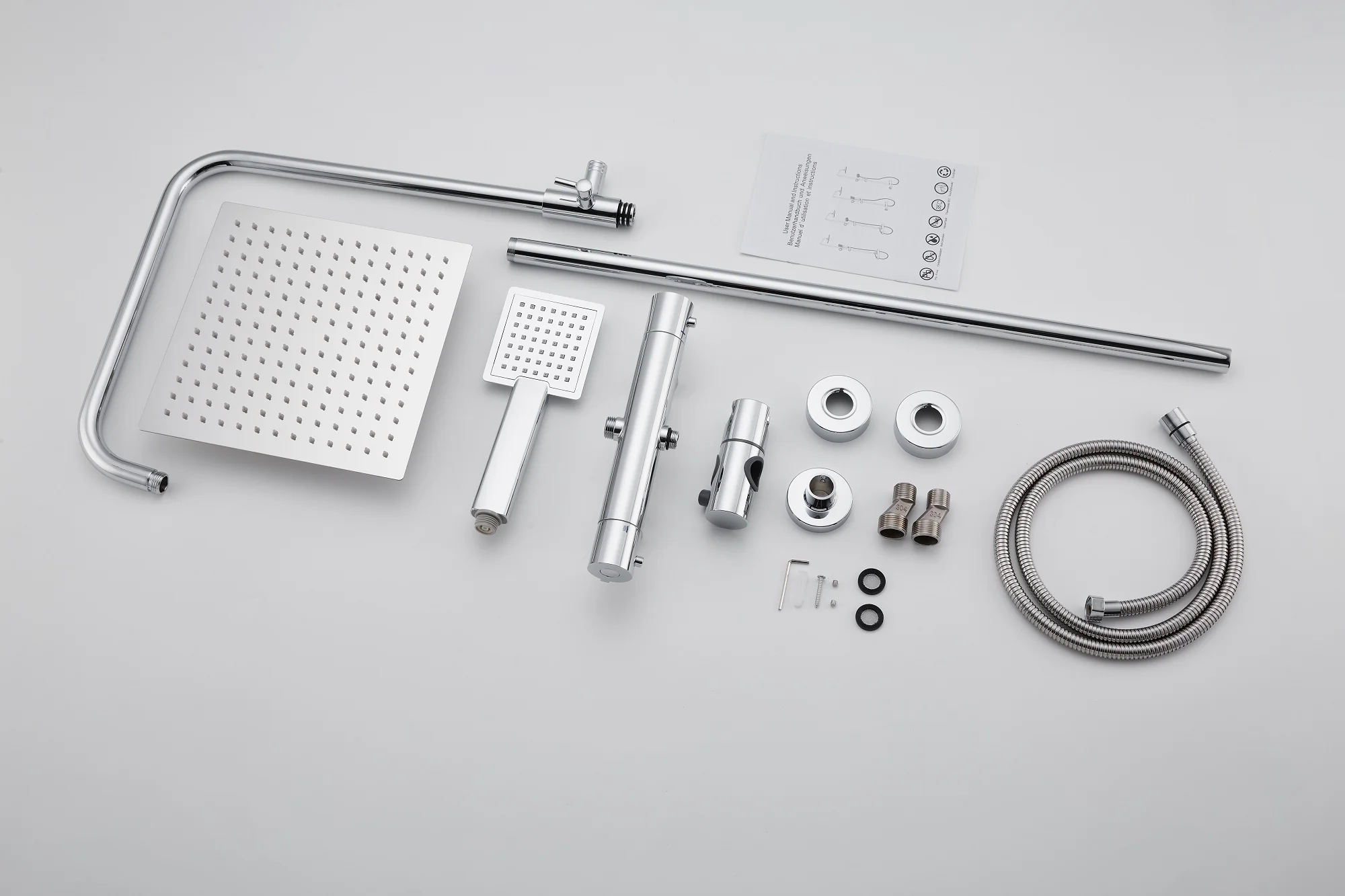 Bathroom 250mm Square Silver Double-headed Open-ended Valve Thermostatic Shower Column Set - Image 4