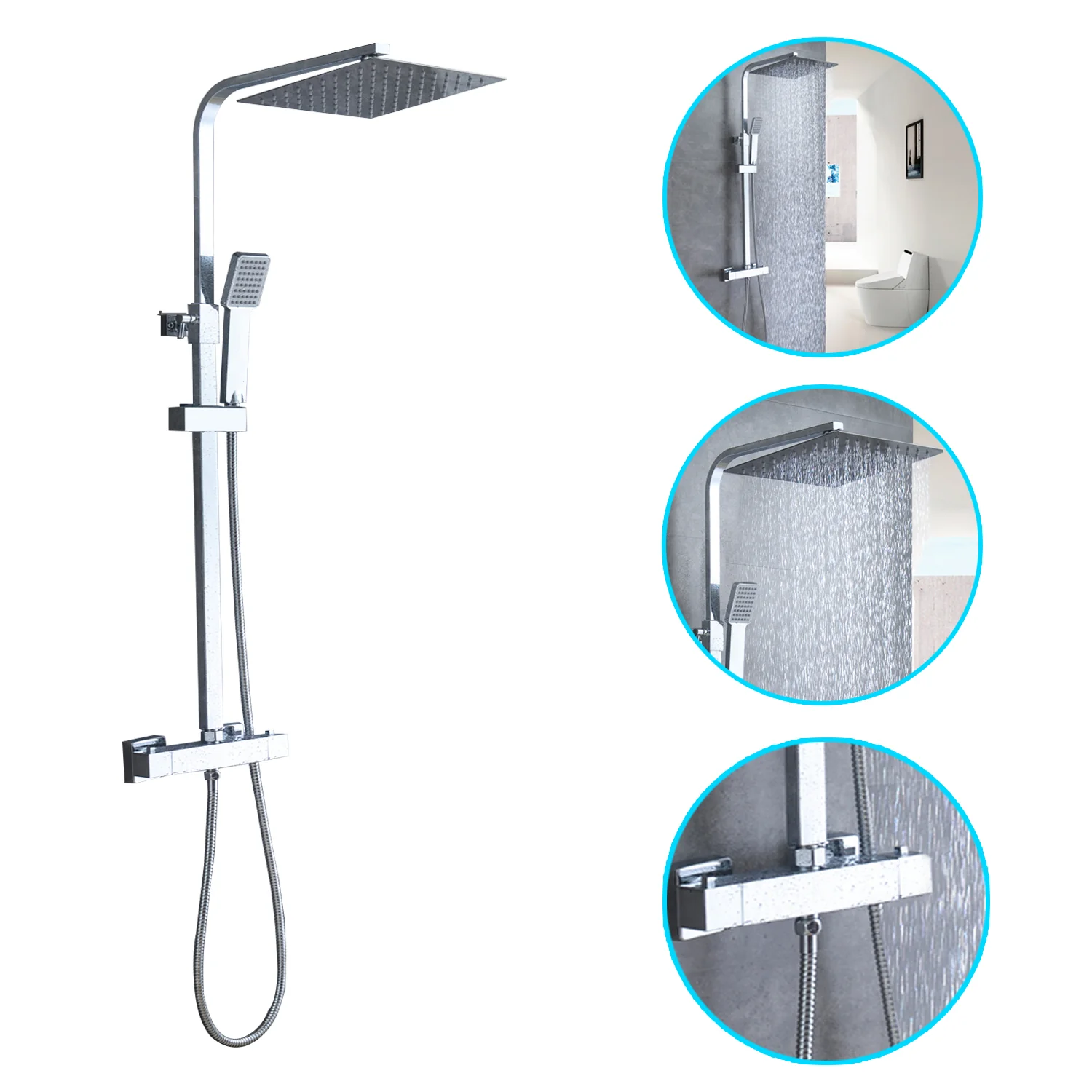 8 inch Twin Head Square Thermostatic Bar Shower Mixer Bathroom Chrome Valve Set