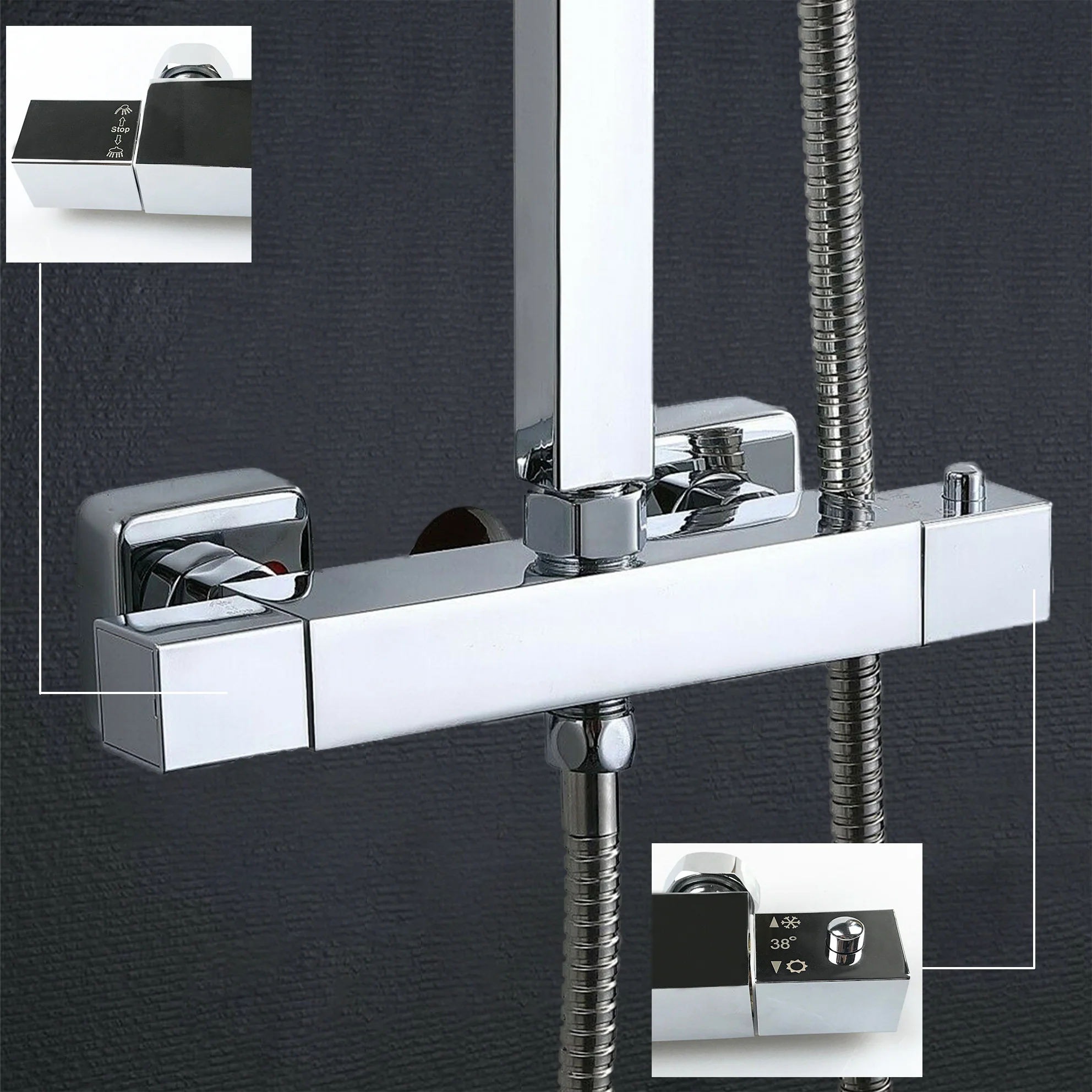 8 inch Twin Head Square Thermostatic Bar Shower Mixer Bathroom Chrome Valve Set - Image 2