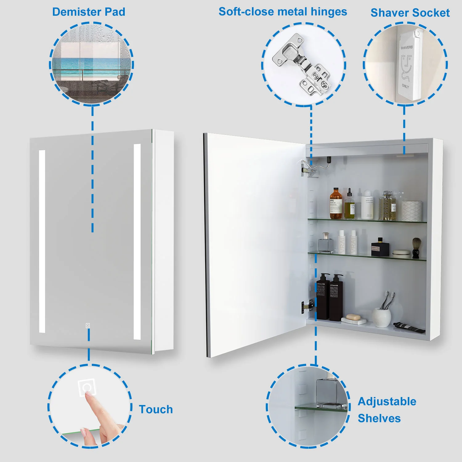 Bathroom Mirror Cabinet with Lights, Shaver Socket, Demister Pad, Touch Switch 600x800mm - Image 5