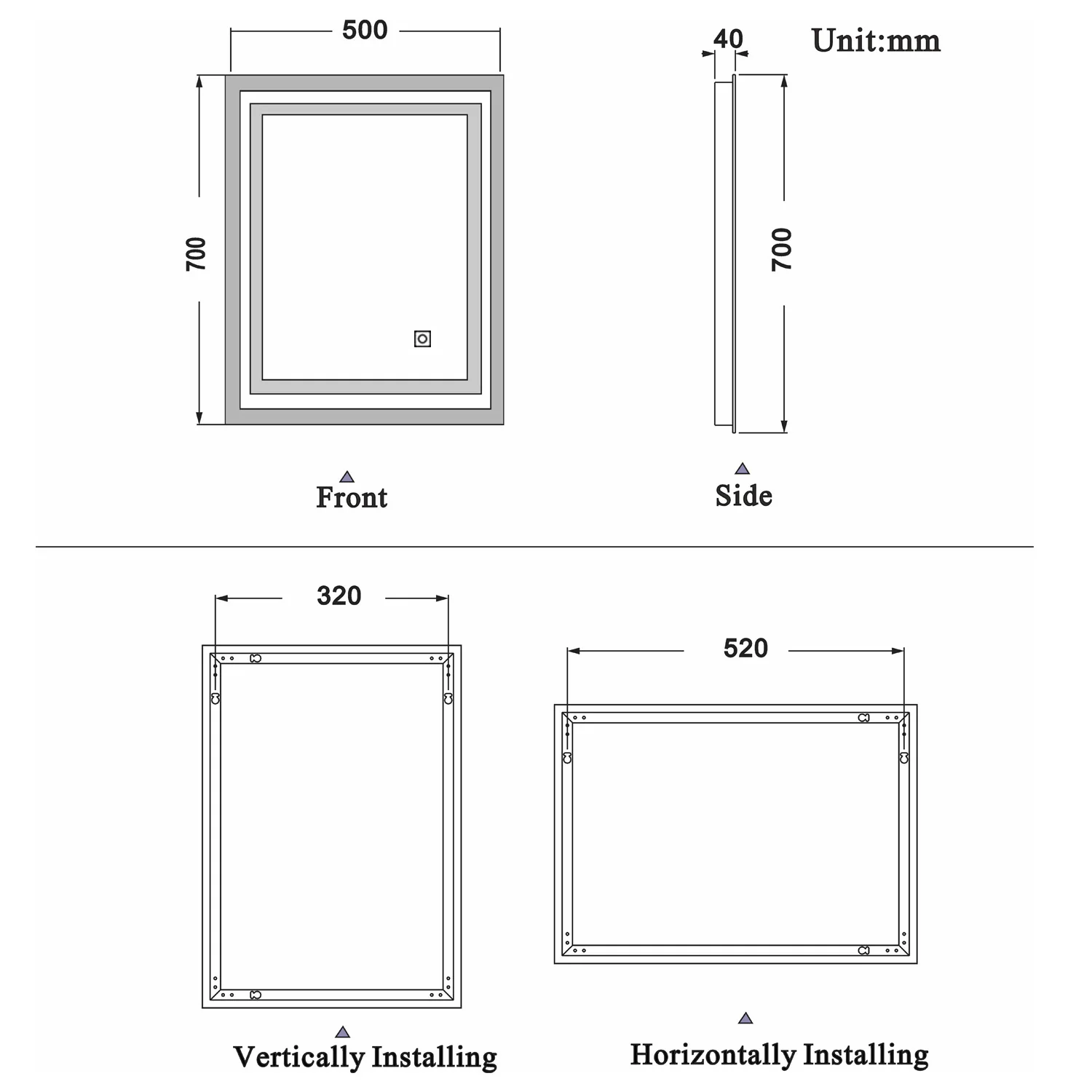 Bathroom LED Mirror, Anti Fog Touch Switch 500x700 700x500mm IP44 Waterproof Dustproof - Image 8