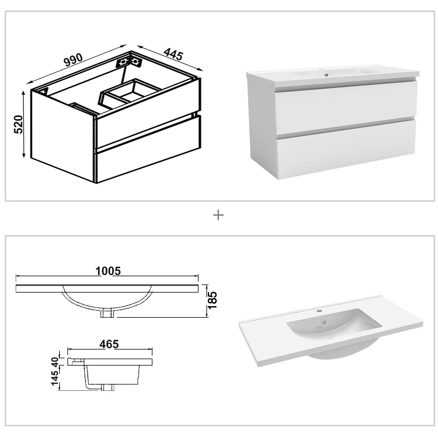 Bathroom Vanity Unit Basin Sink Wall Hung Soft Close Drawers Storage Cabinet, White/Grey - Image 9