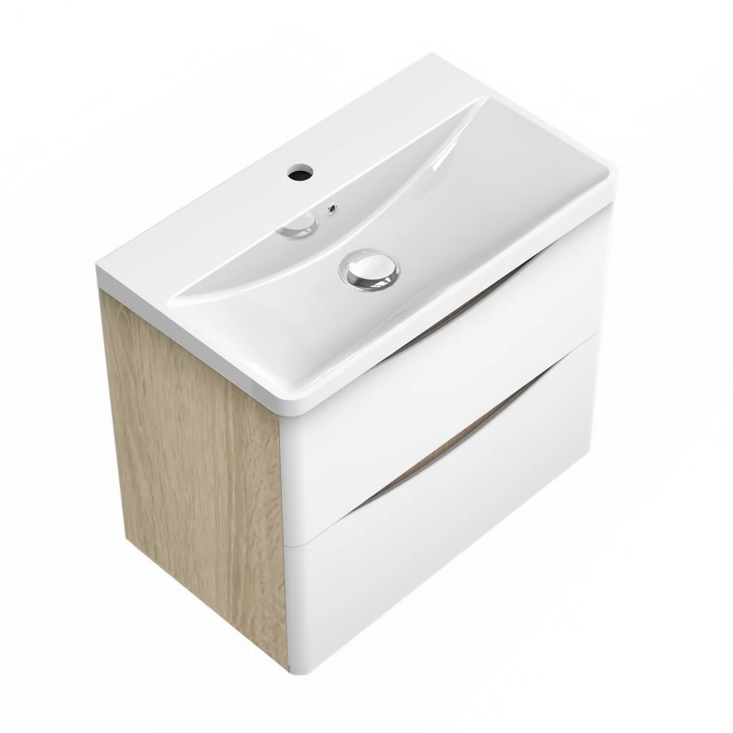 Bathroom Wall Hung Vanity Unit with Sink, with 2 White Drawers, Oak Body - Image 2