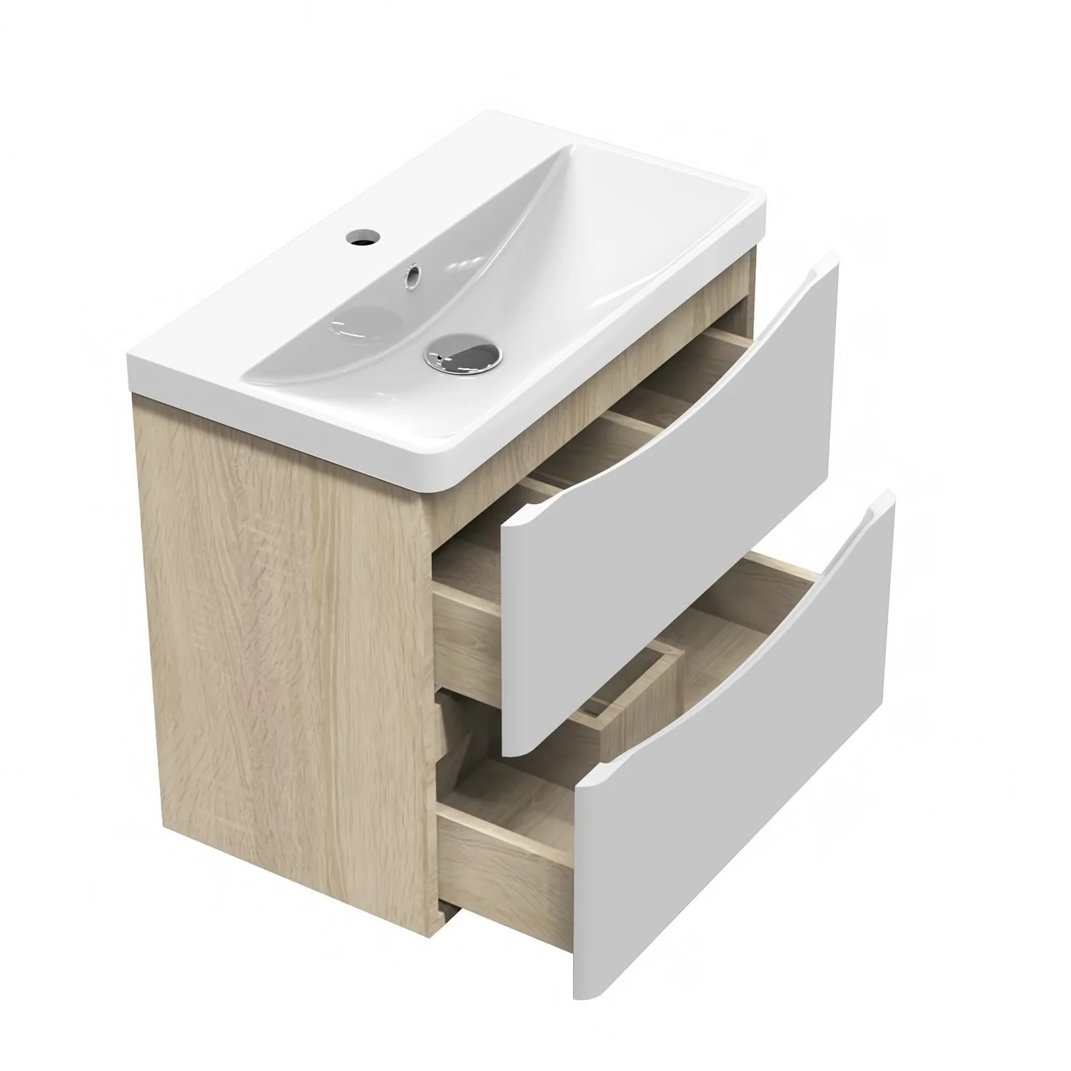 Bathroom Wall Hung Vanity Unit with Sink, with 2 White Drawers, Oak Body - Image 3