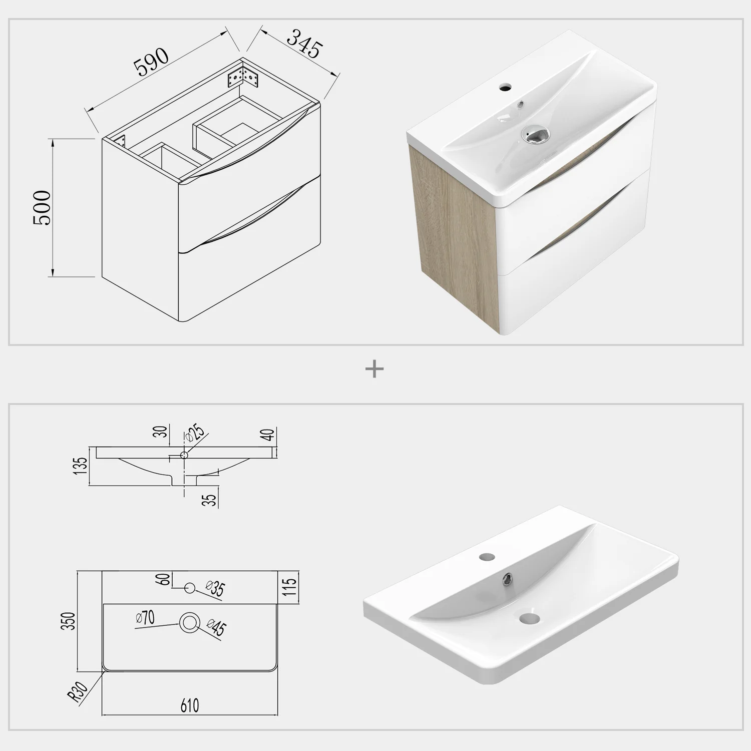 Bathroom Wall Hung Vanity Unit with Sink, with 2 White Drawers, Oak Body - Image 4