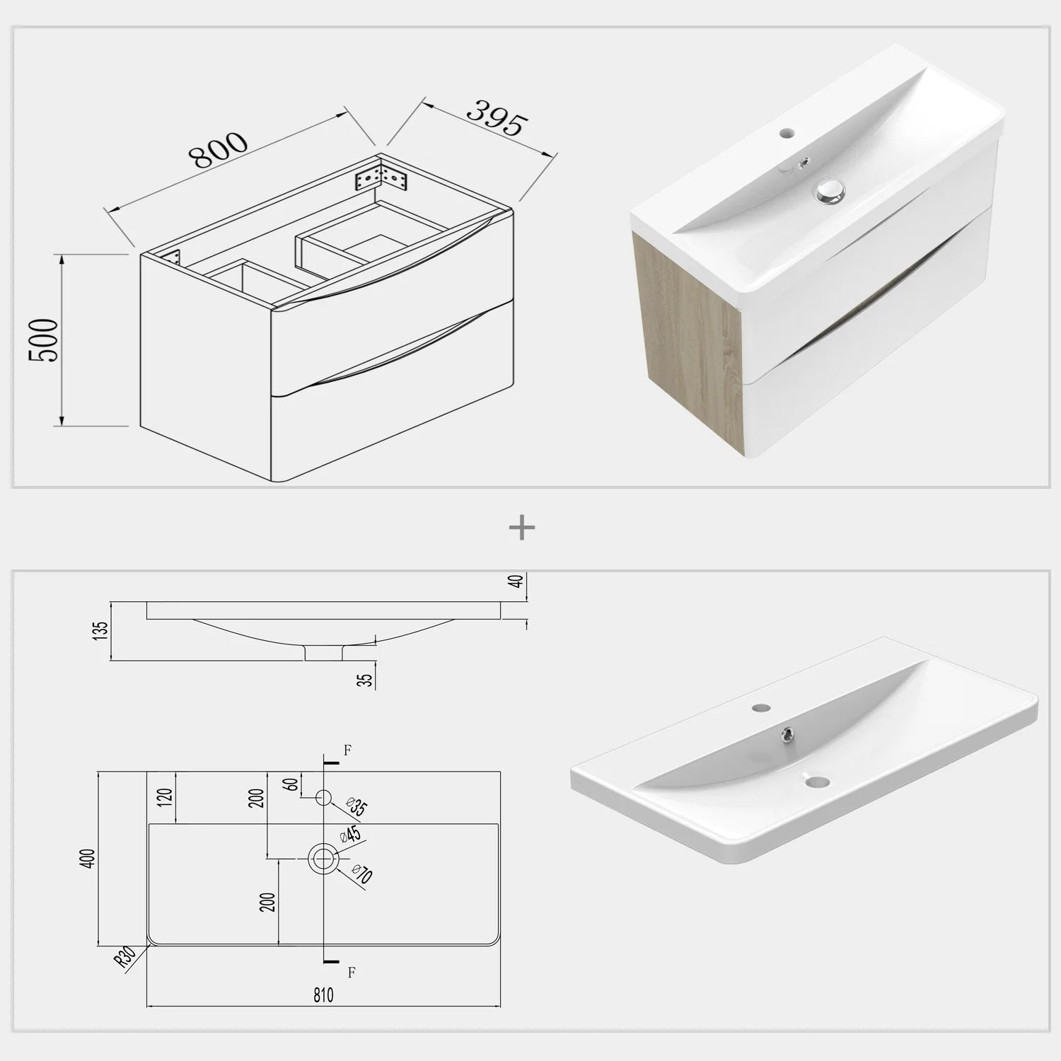 Bathroom Wall Hung Vanity Unit with Sink, with 2 White Drawers, Oak Body - Image 5