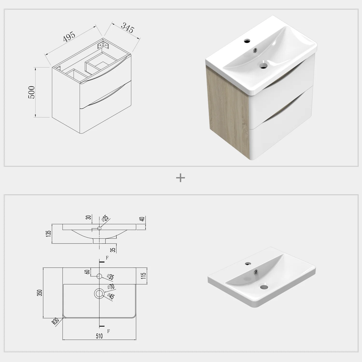 Bathroom Wall Hung Vanity Unit with Sink, with 2 White Drawers, Oak Body - Image 6