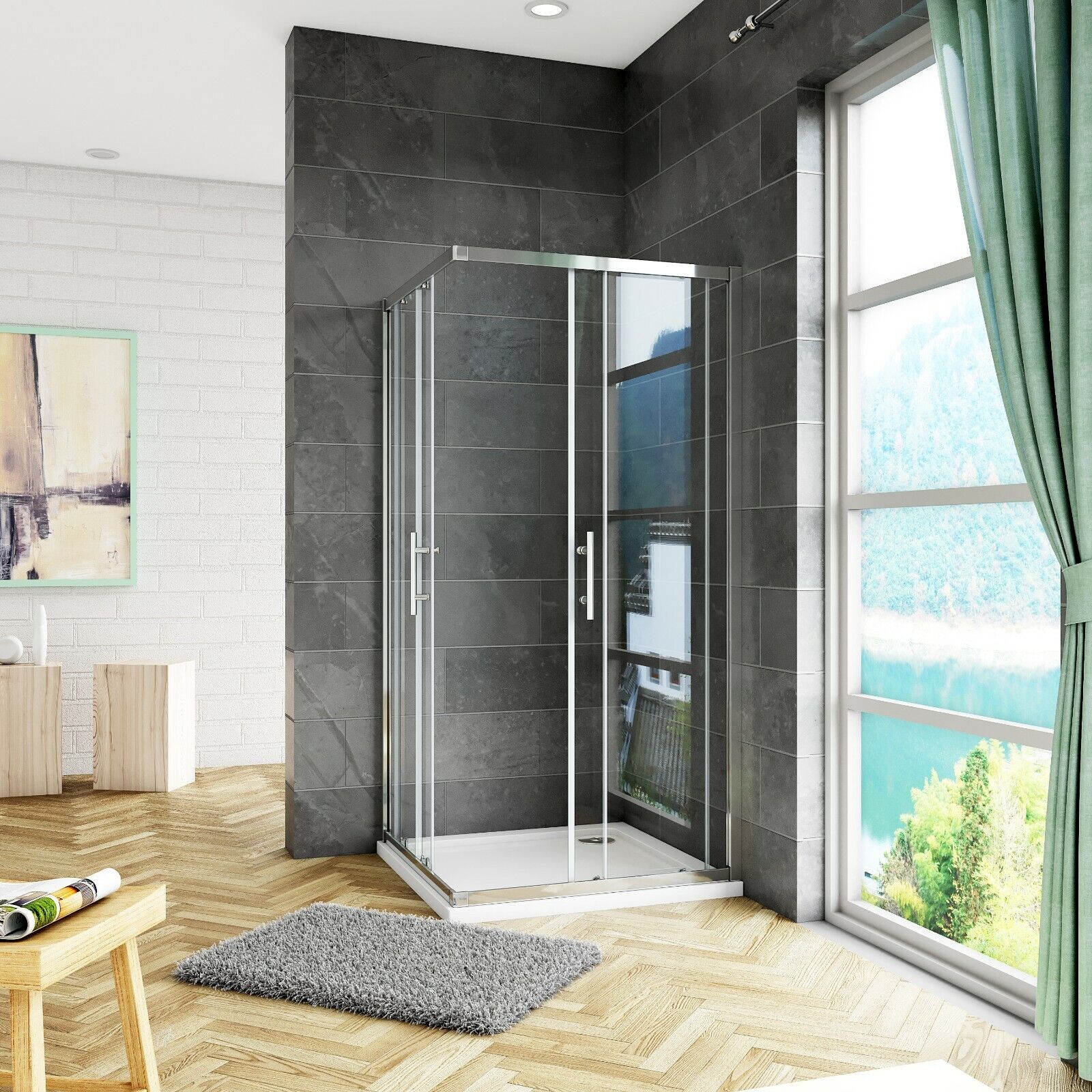 Corner Entry Sliding Shower Enclosure optional Tray Walk in Cubicle Glass Door Screen - Image 4