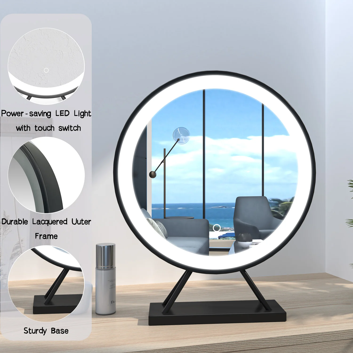 Hollywood Vanity Makeup Mirror 3 LED Light Modes, Dimmable, Touch Control, Round Vanity Mirror Tabletop Black - Image 5
