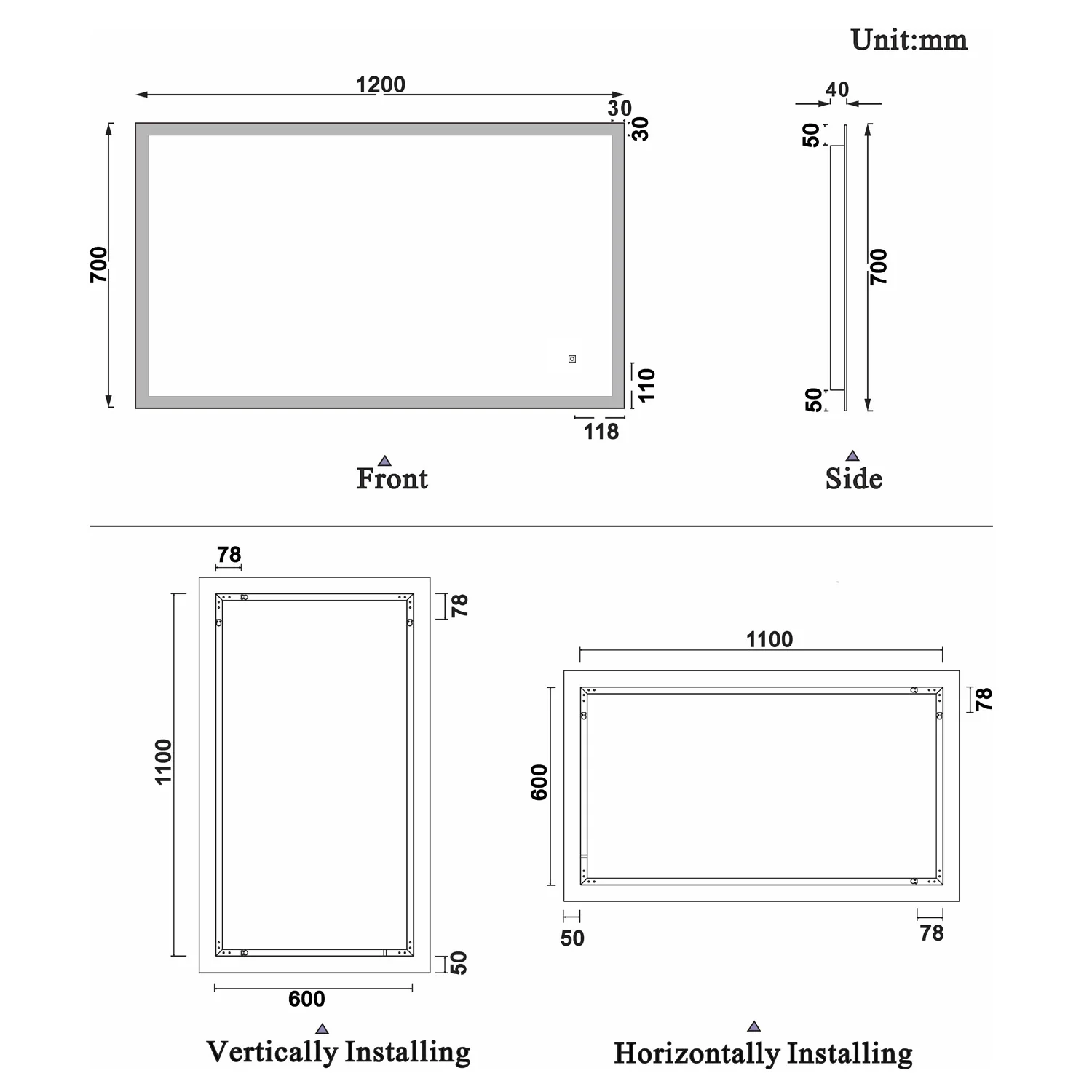 700x500mm LED Bathroom Mirror, Anti Fog Touch Switch Vanity Wall Mounted Vertical or Horizontal - Image 10