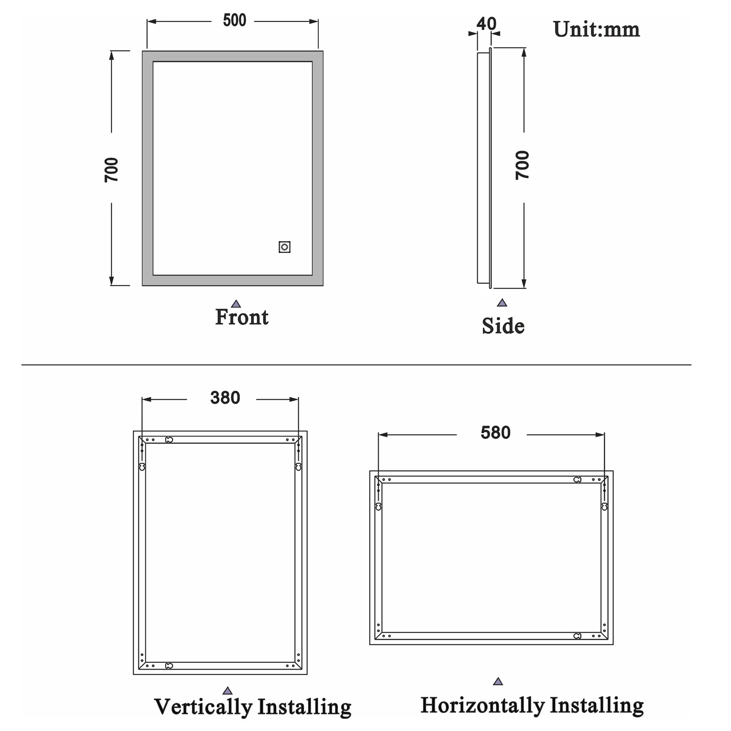 700x500mm LED Bathroom Mirror, Anti Fog Touch Switch Vanity Wall Mounted Vertical or Horizontal - Image 6