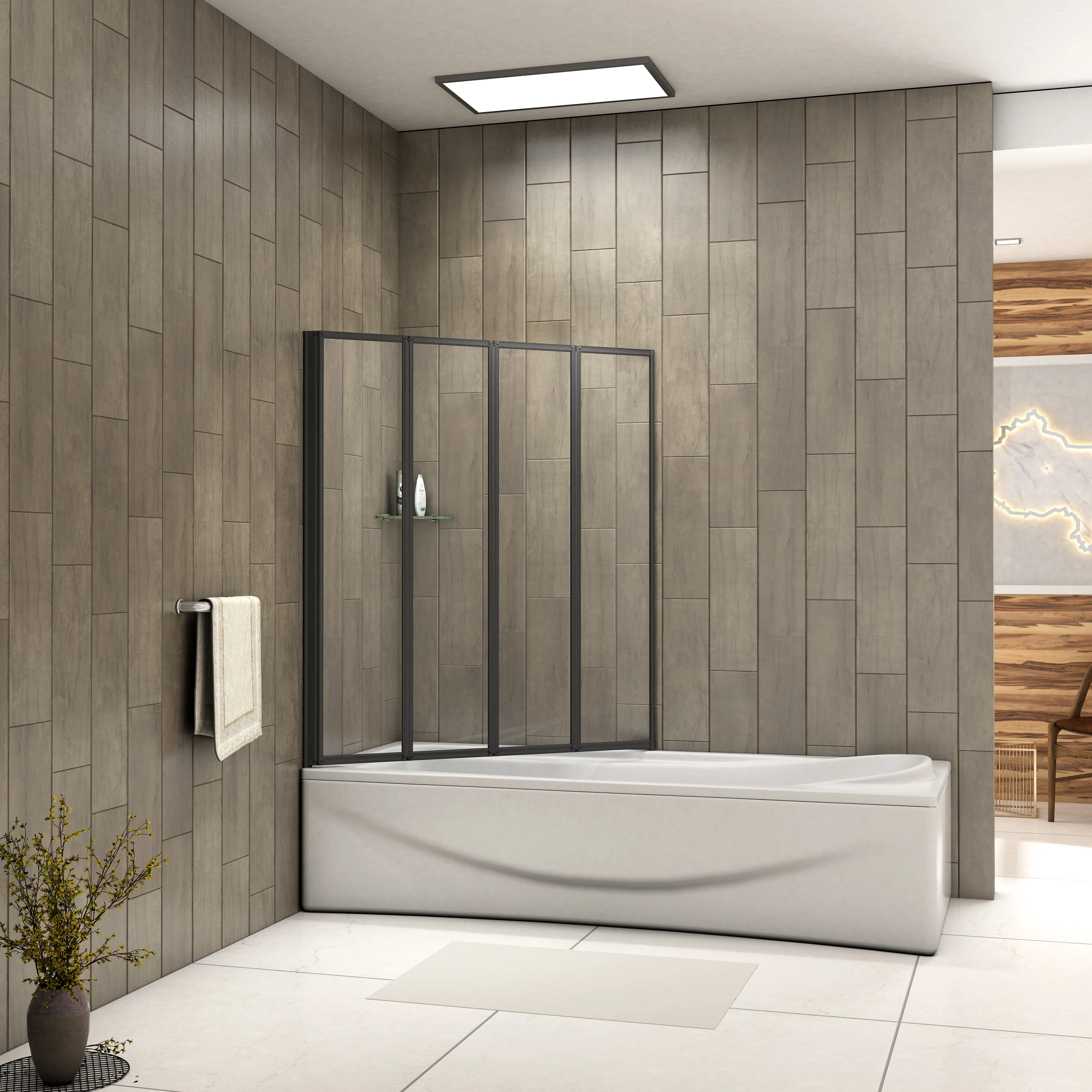 Matt Black 4 Fold Folding Bath Screen Shower Bathroom 4mm Glass Panel 1000x1400 - Image 2