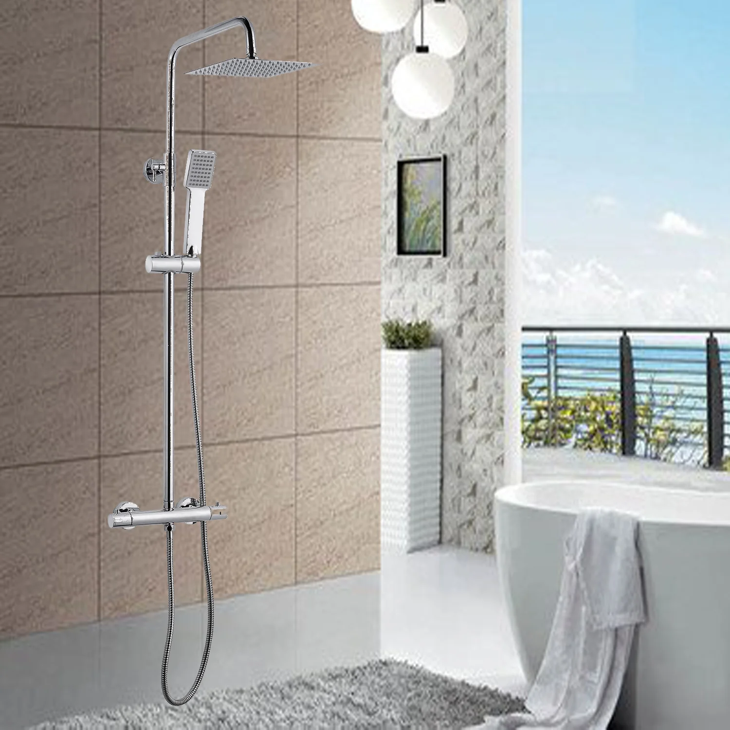 SKY Bathroom Thermostatic Shower Mixer Square&Round Chrome Finish Set