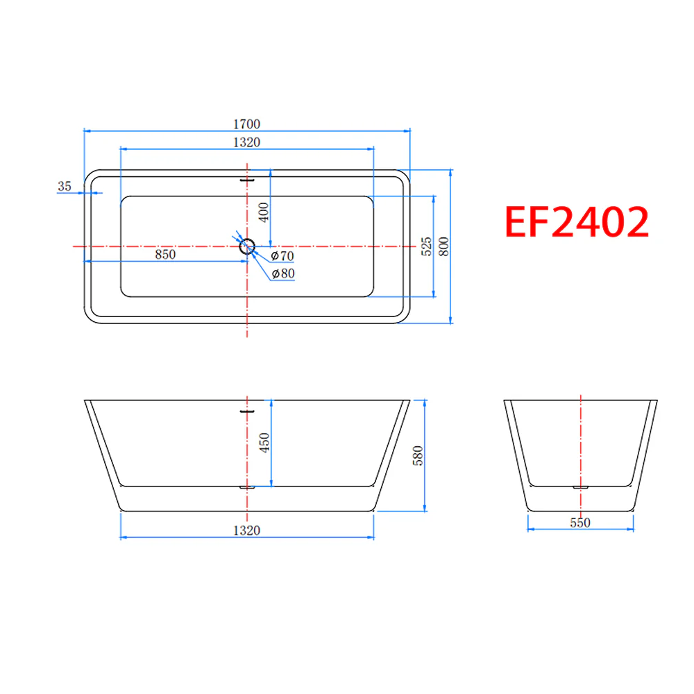 1700x800mm Bath Shower Bathtub Freestanding Double Ended Bath Integral Waste & Overflow - Image 3