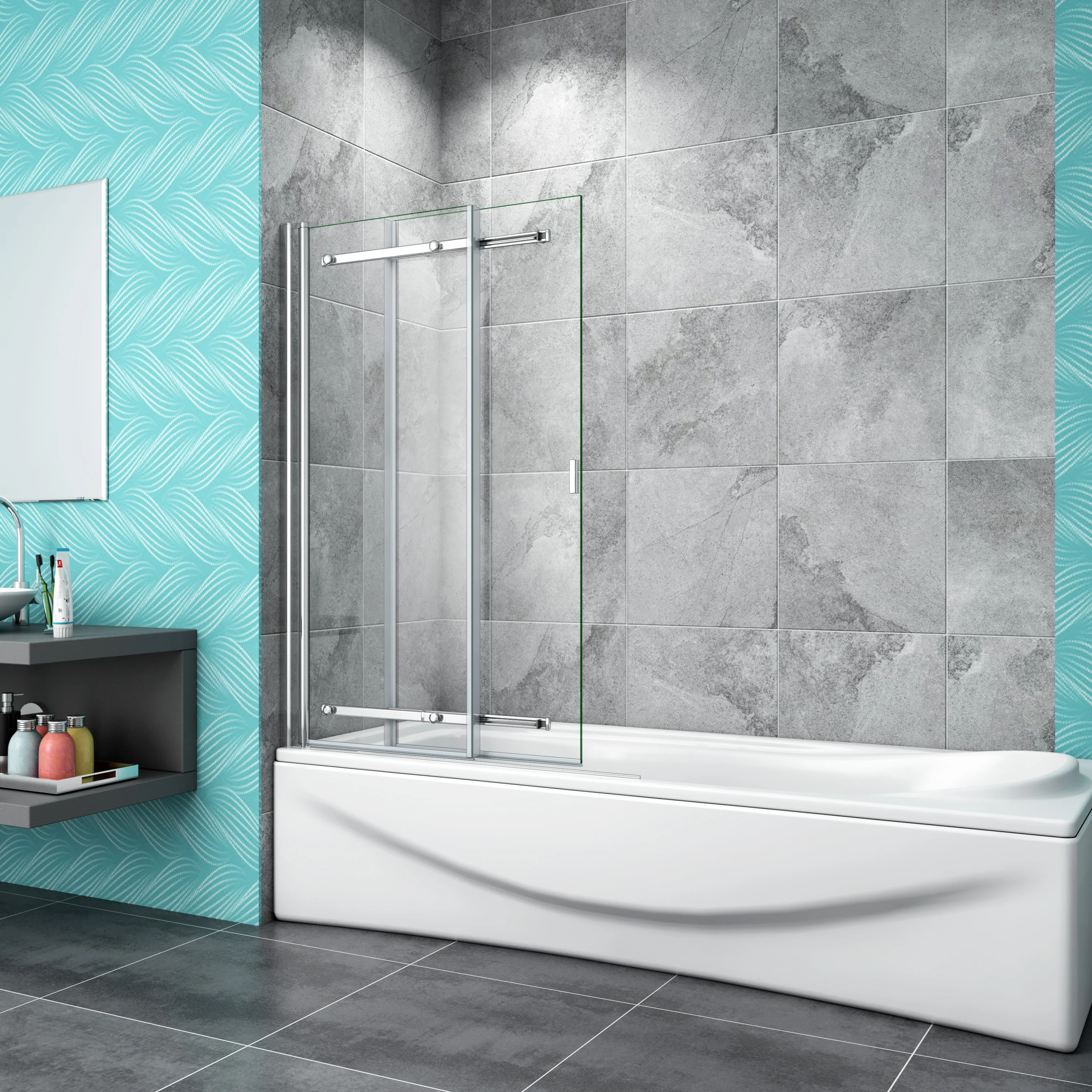 Sliding Bath Screen Fixed Pivot Shower Doors Double Panels
