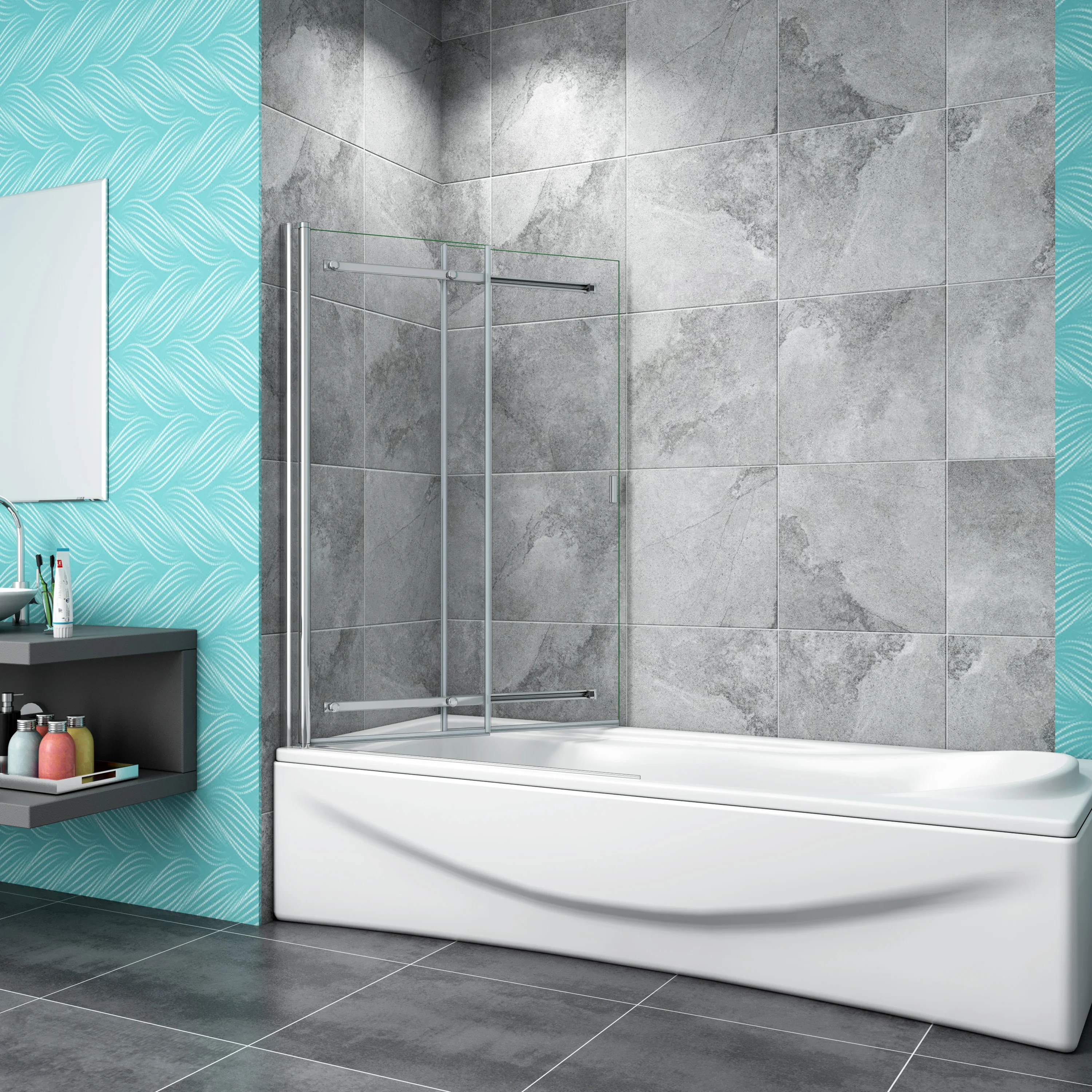 Sliding Bath Screen Fixed Pivot Shower Doors Double Panels - Image 6