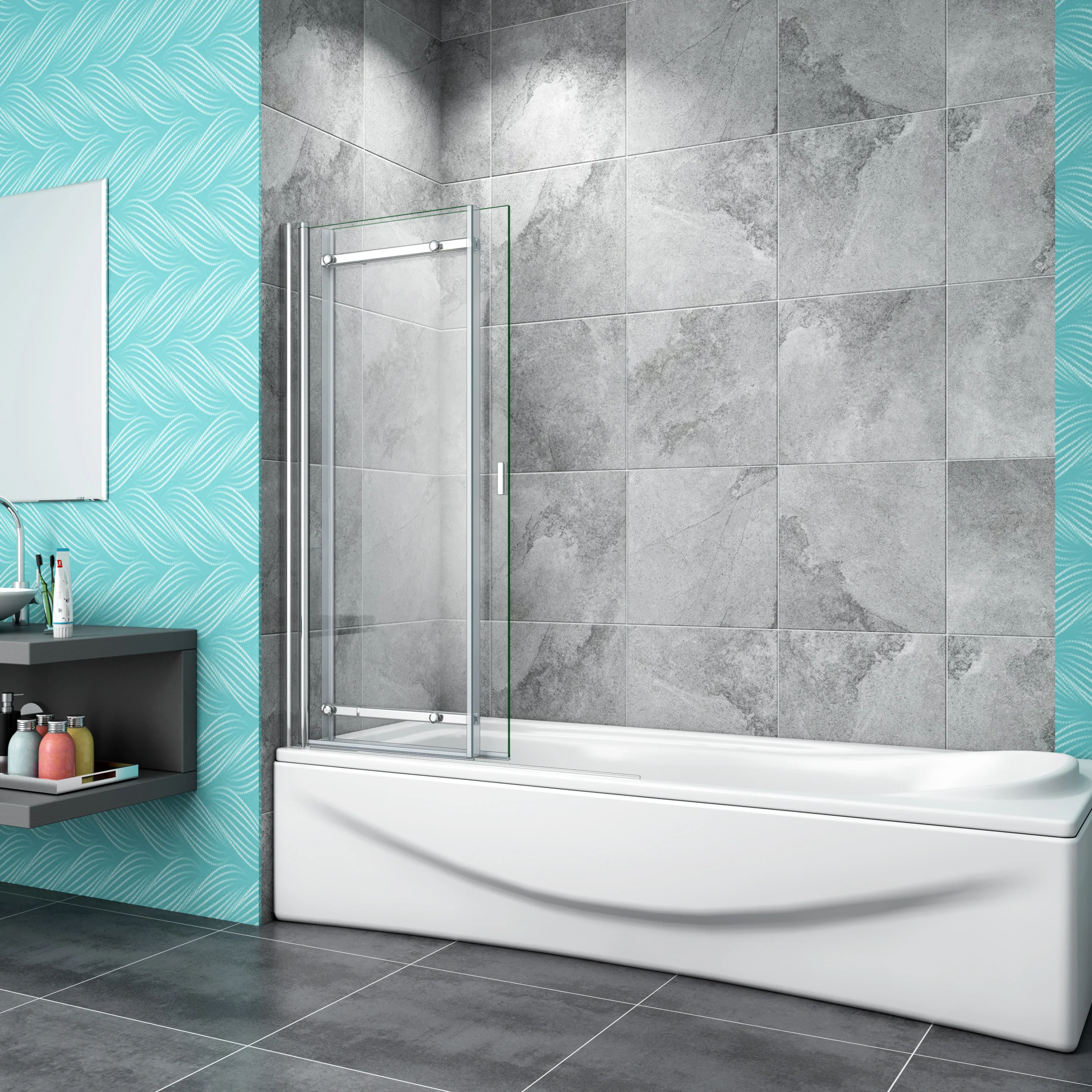 Sliding Bath Screen Fixed Pivot Shower Doors Double Panels - Image 7