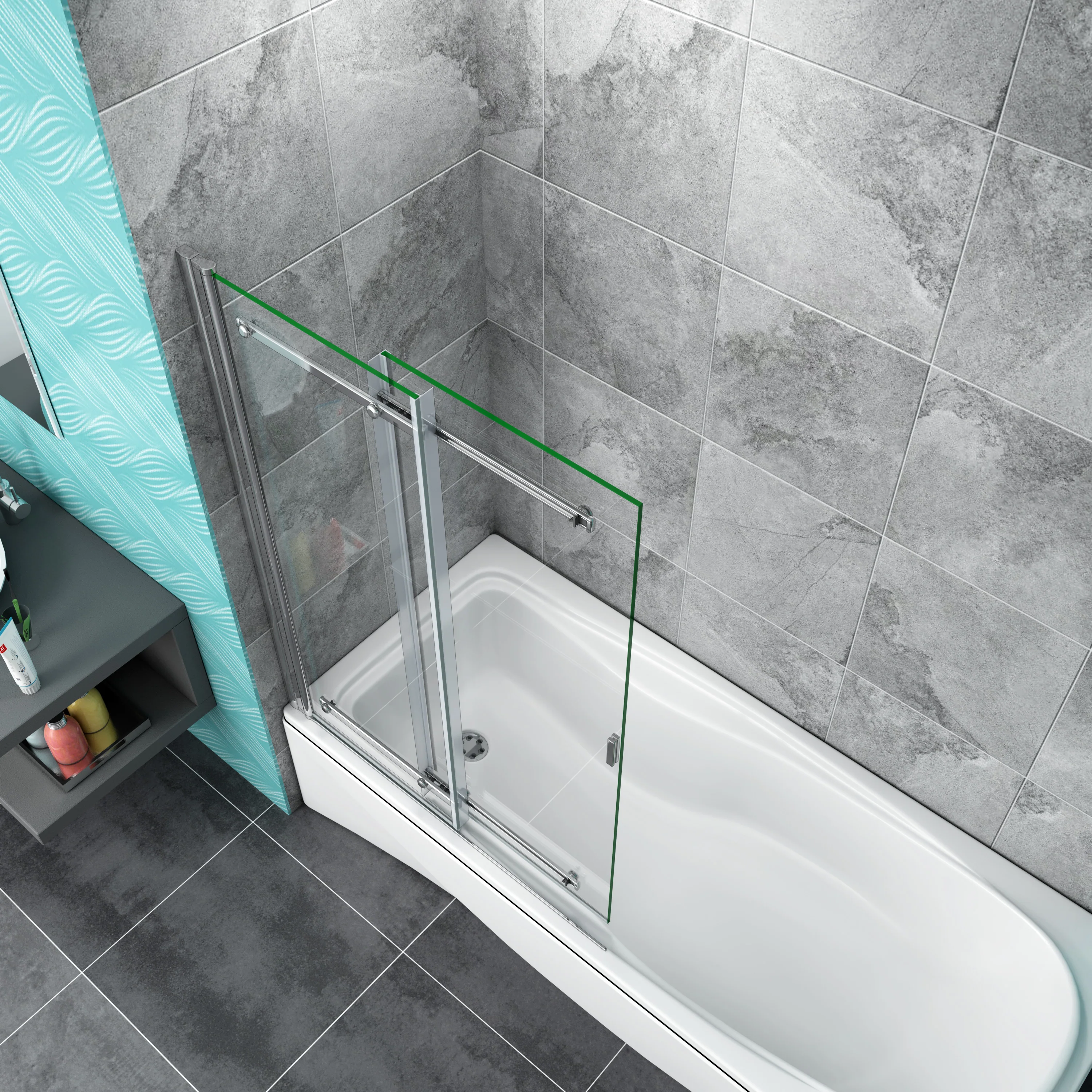 Sliding Bath Screen Fixed Pivot Shower Doors Double Panels - Image 9