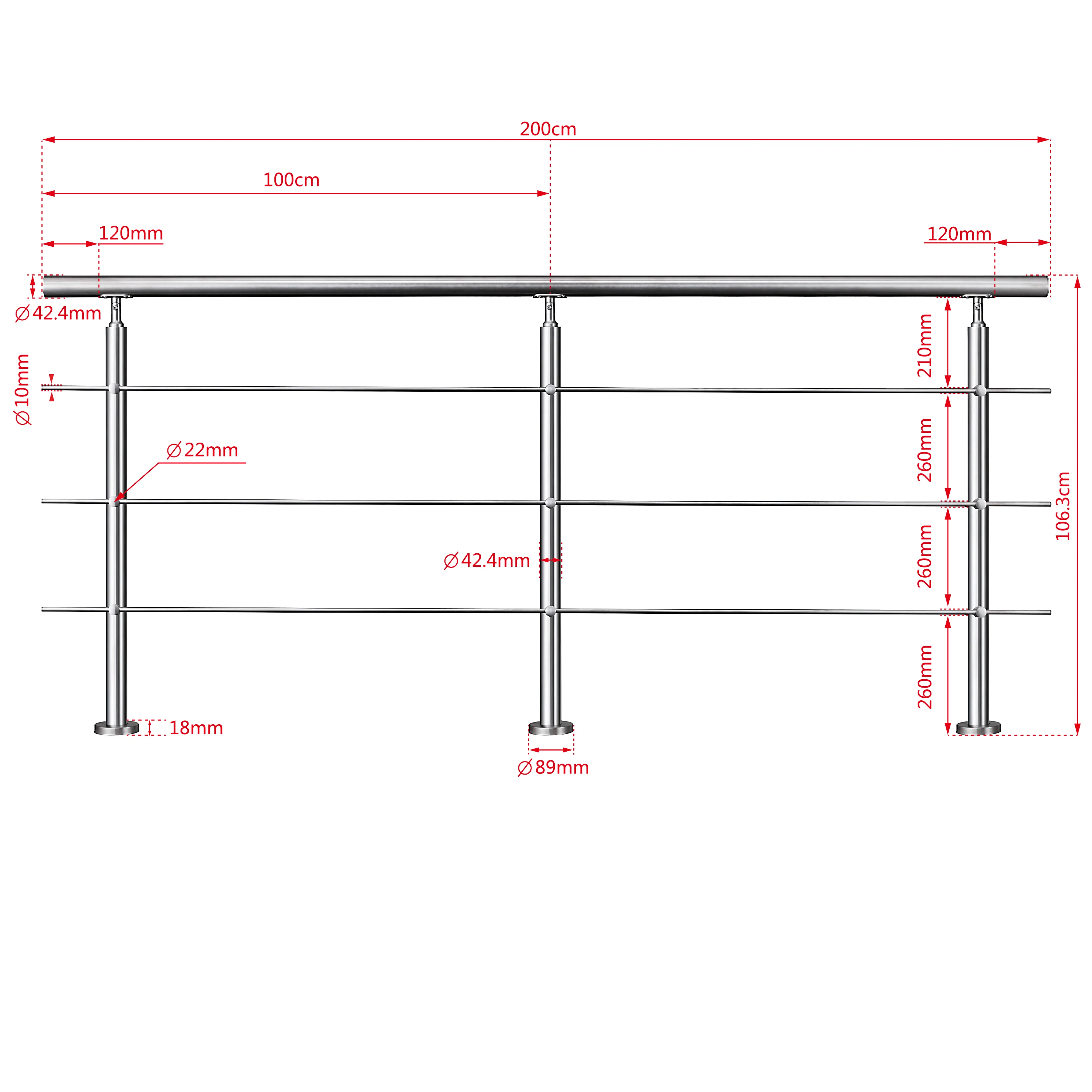 SKY handrail 304 Stainless steel with 3 crossbars Balustrade stair/step 106cm - Image 13